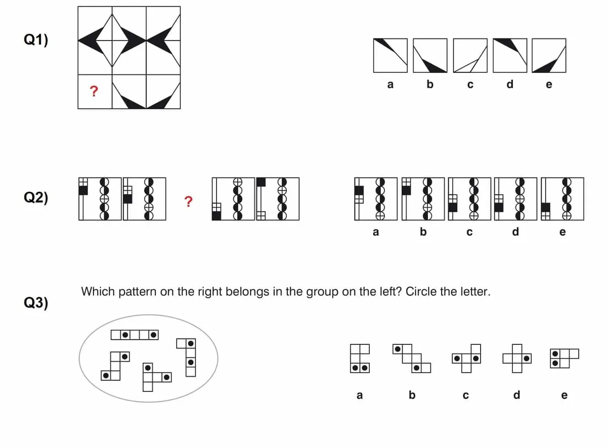 Example non-verbal reasoning questions from a UK independent school entrance test, asking the candidate to work out the rule governing a sequence of shapes and patterns.