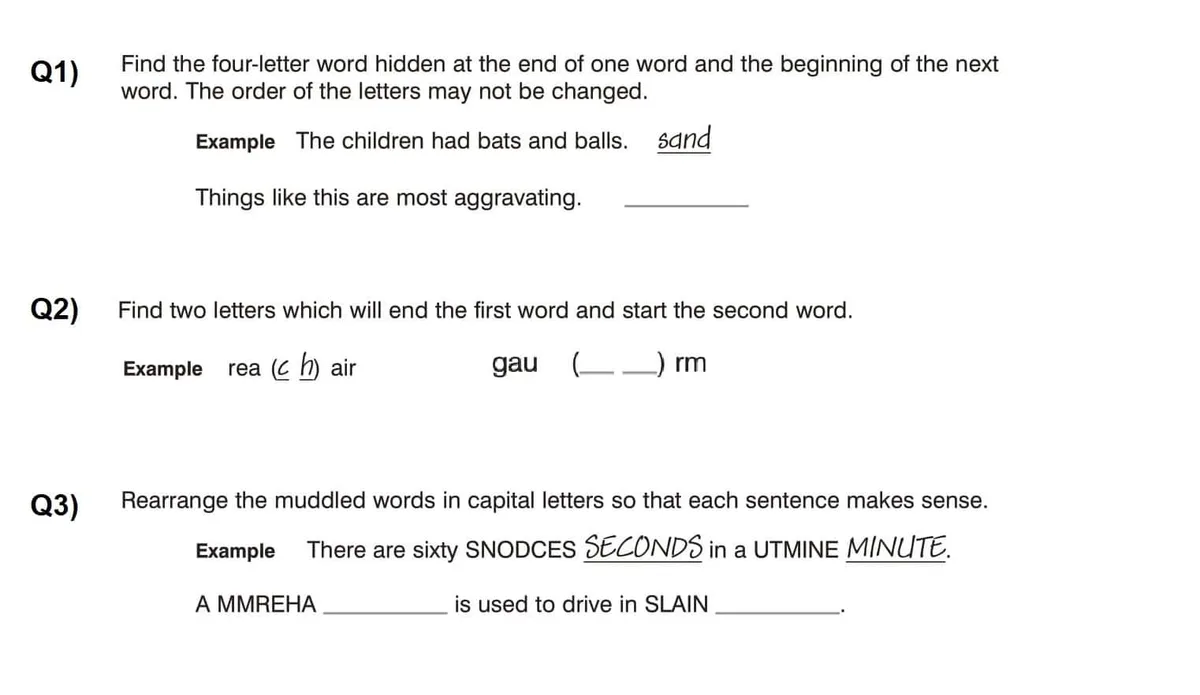 Example verbal reasoning questions from a UK independent school entrance test, using letter sequences, codes and word relationships.
