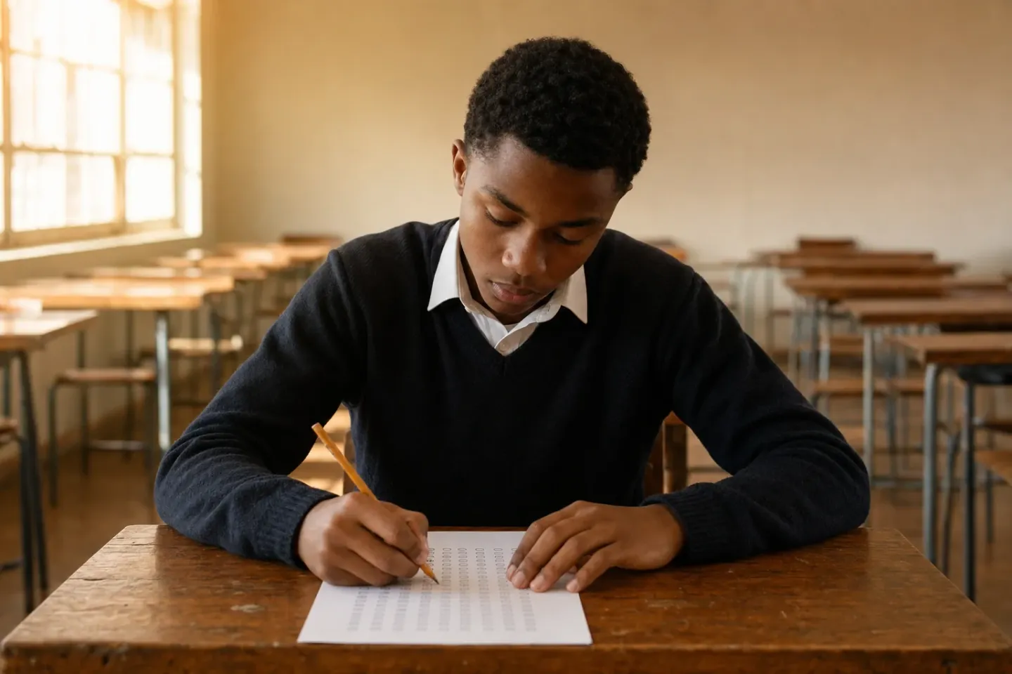A matric student filling in a multiple-choice answer sheet with a pencil during the National Benchmark Test