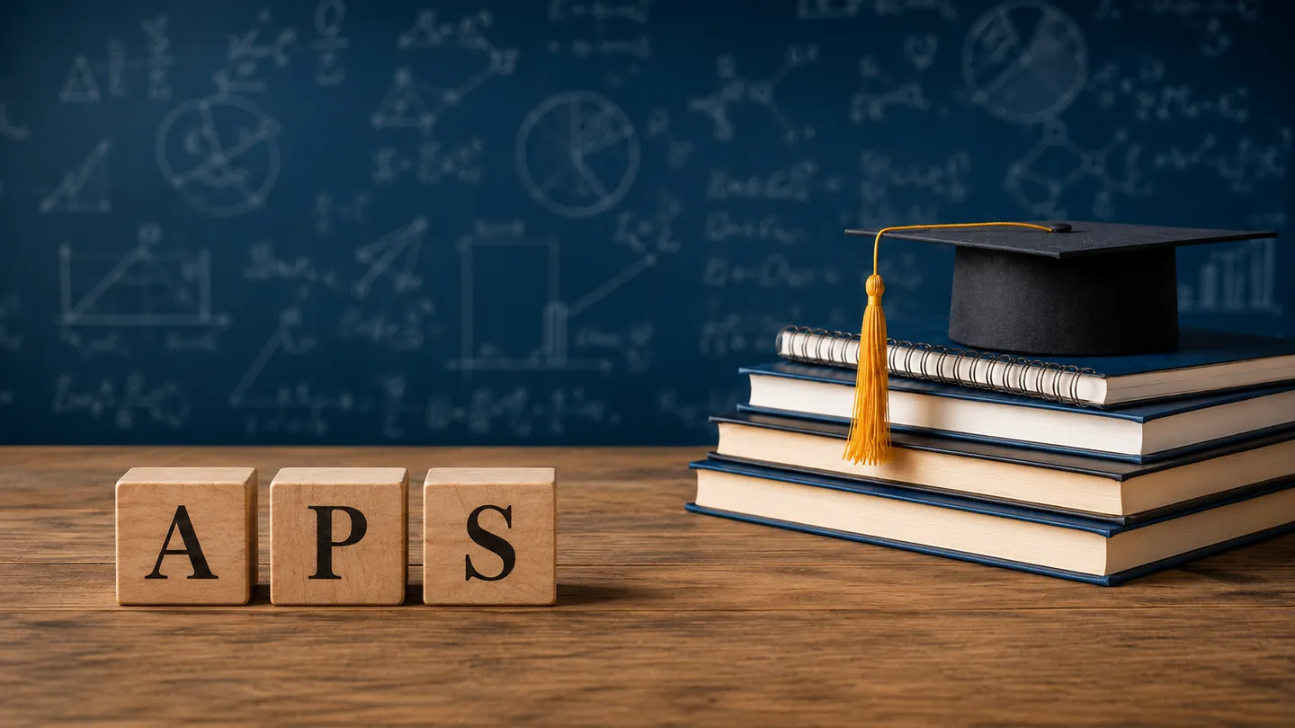 Wooden letter blocks spelling APS beside a graduation cap on a stack of books