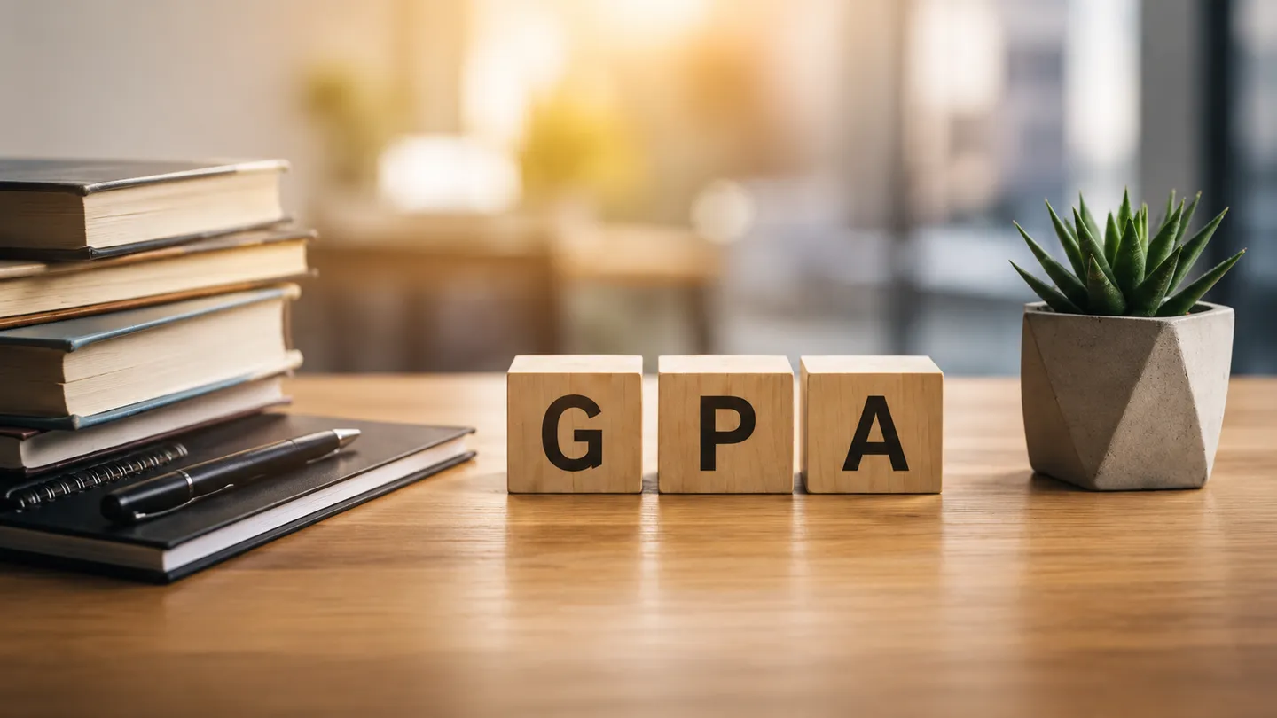 Wooden letter blocks spelling GPA on a desk beside a stack of books